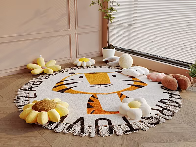 Plush Flower Toys On Tiger Patterned Round Rug In Room Corner 3d model