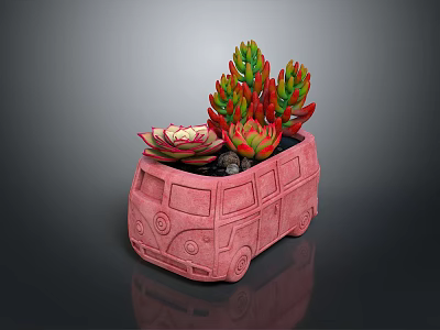 Colorful Succulent Plants In Pink Bus Shaped Planter With Green Red Leaves 3d model
