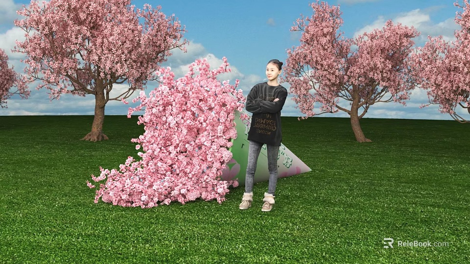 Scenic Floral Installation With Pink Cherry Blossoms Green Grass Blue Sky And Person Standing 3d model 