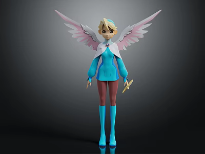Angelic Winged Character With Pink White Wings Blue Outfit Golden Hair Holding Sword 3d model