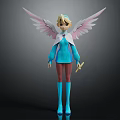 Angelic Winged Character With Pink White Wings Blue Outfit Golden Hair Holding Sword