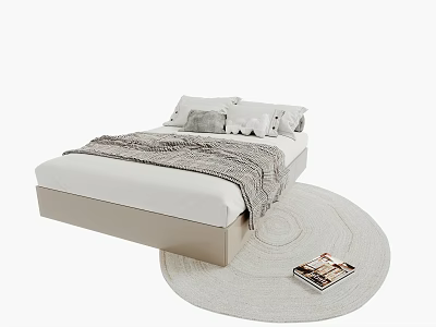 Cozy Modern Bedroom With White Bed Gray Blanket Pillows Round Rug And Magazine On Floor 3d model