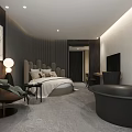 Modern Hotel Room Interior With Unique Headboard Green Armchair Window View And Bathtub