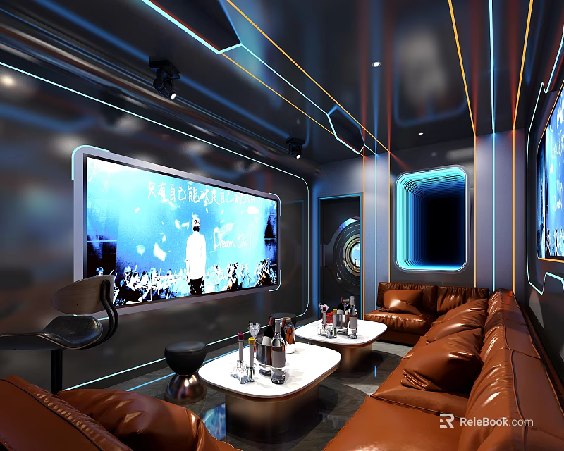 Modern KTV Room Interior With Large Screen Leather Sofa And Ambient Lighting 3d model 