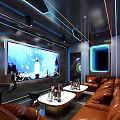 Modern KTV Room Interior With Large Screen Leather Sofa And Ambient Lighting
