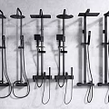Modern Black Shower Heads With Various Designs Mounted On Gray Wall 3d model