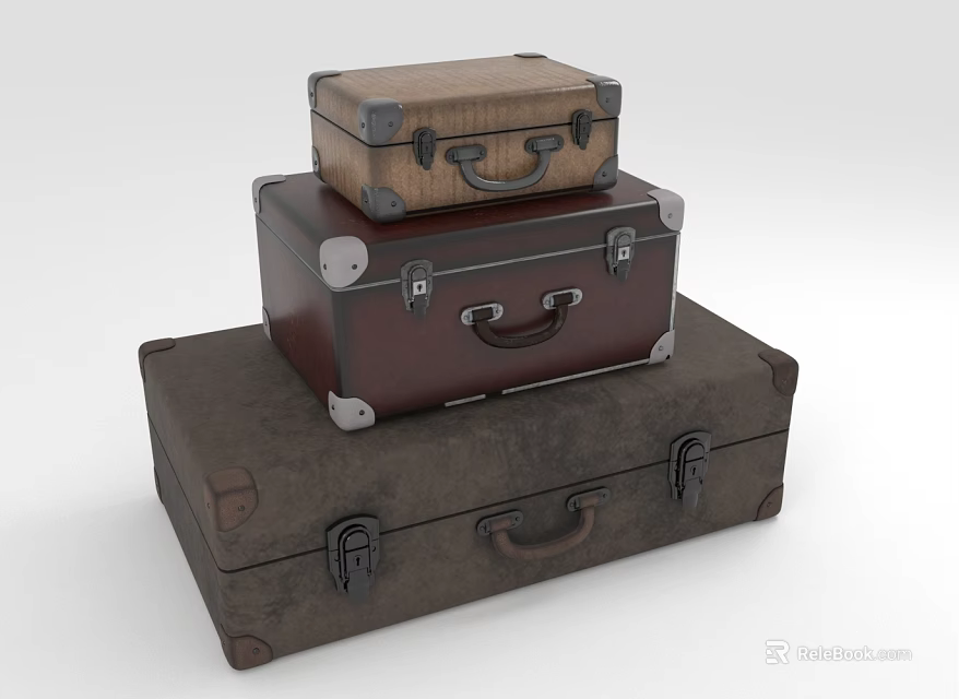 Stacked Leather Suitcases In Brown Dark Brown And Gray With Metal Fittings 3d model 