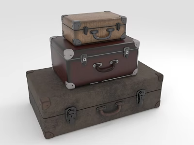 Stacked Leather Suitcases In Brown Dark Brown And Gray With Metal Fittings 3d model