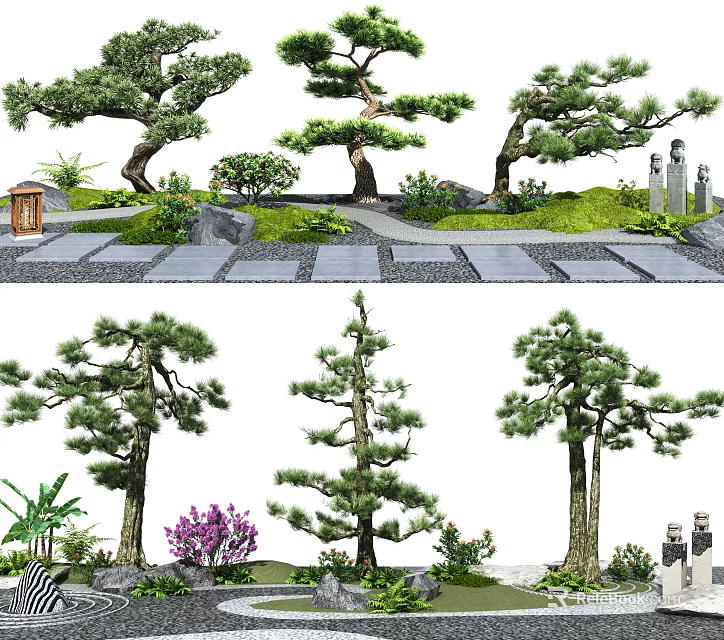 Multiple Arbor Trees In Landscaped Garden With Stone Path And Decorative Plants 3d model 