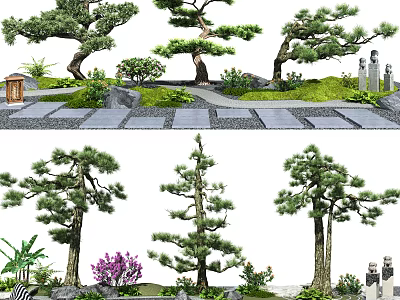 Multiple Arbor Trees In Landscaped Garden With Stone Path And Decorative Plants 3d model