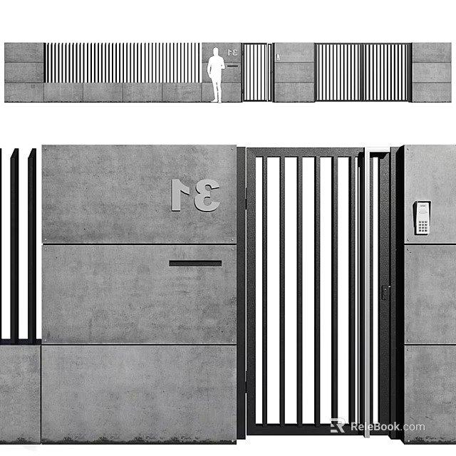Modern Metal Gate With Vertical Slats On Concrete Wall Number 31 And Intercom System 3d model 