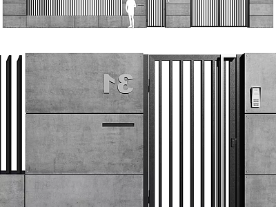 Modern Metal Gate With Vertical Slats On Concrete Wall Number 31 And Intercom System 3d model