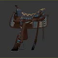 Brown Leather Saddle With Blue Yellow Geometric Patterns And Decorative Straps
