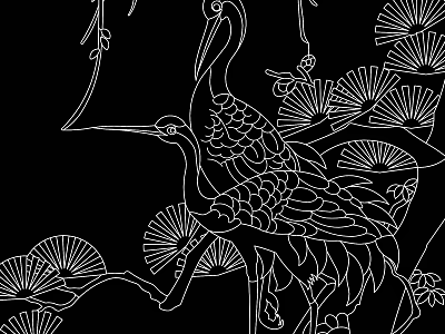 Traditional Decorative Line Drawings Including Cranes And Pine Branches 3d model