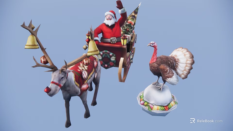 Game Movie Character Santa Claus Riding Decorated Sleigh With Reindeer And Turkey Ornament 3d model 