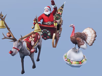 Game Movie Character Santa Claus Riding Decorated Sleigh With Reindeer And Turkey Ornament 3d model