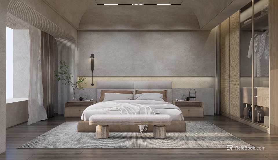 Modern Bedroom Interior Design With Bed Nightstands Rug And Wall Lamp 3d model 