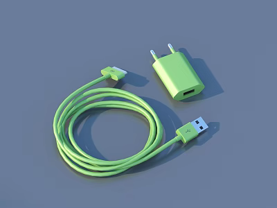 Green Portable Wall Charger And USB Charging Cable For Daily Device Use 3d model