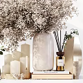 Natural Decorative Ornament Set With Green Eucalyptus Leaves White Blossoms Books Candles And Golden Accents