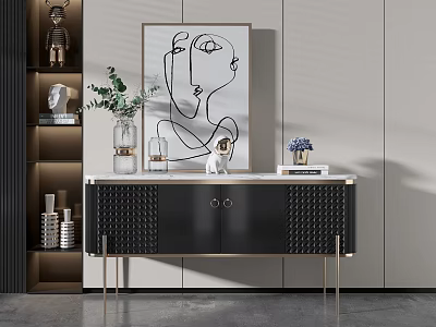 Modern Console Table And Side Cabinet With Marble Top Metal Legs Decorative Painting And Green Plants 3d model