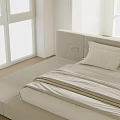 Modern Minimalist Bedroom Interior With Double Bed Upholstered Headboard And Striped Bedding