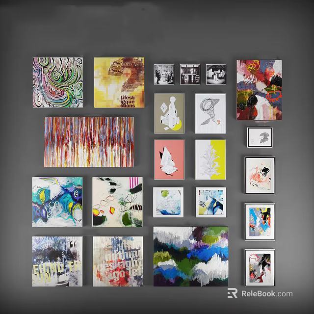 Colorful Abstract Oil Paintings Showcased With Various Styles Different Sizes And Text Elements 3d model 