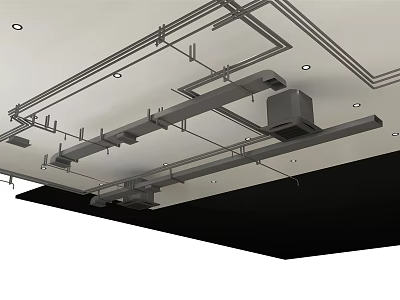 Metal Ductwork System Suspended From Ceiling With Support Framework In Commercial Space 3d model