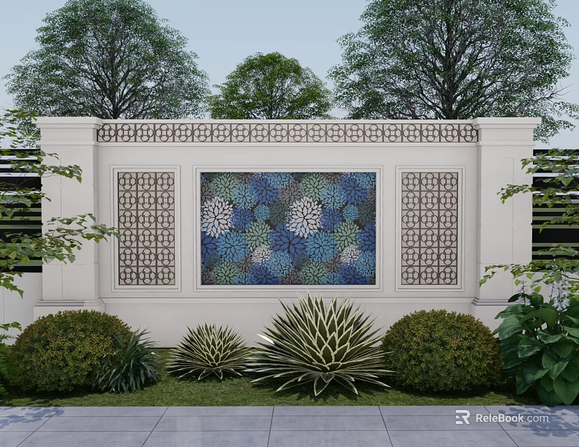 Decorative Garden Wall With Mosaic Panel Lattice Patterns And Green Shrubs 3d model
