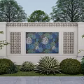Decorative Garden Wall With Mosaic Panel Lattice Patterns And Green Shrubs 3d model
