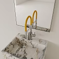 Double Curved Silver Faucet with Yellow Handle on Marble White Countertop and Square Silver Mirror