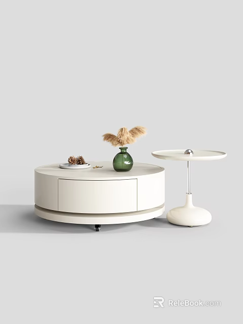 White Round Coffee Table With Side Table Green Vase Dried Grass Pine Cone Decor 3d model