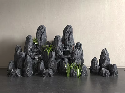 Rockery Stones with Small Waterfall and Green Plants in Garden Landscape 3d model