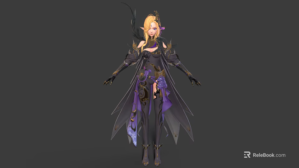 Fantasy Female Character With Blonde Hair In Black Purple Elaborate Outfit And Mythical Creature Wings 3d model 
