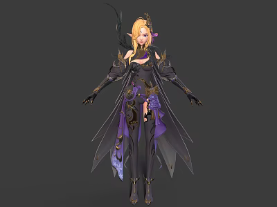 Fantasy Female Character With Blonde Hair In Black Purple Elaborate Outfit And Mythical Creature Wings 3d model