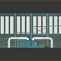 Industrial Equipment Setup With Blue Piping In Facility And Green Wall Structures