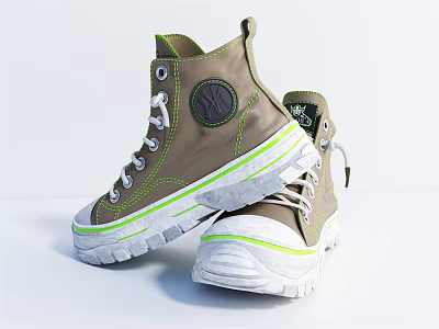Trendy Khaki High Top Sneakers With Green Stripe Thick Sole White Laces Design 3d model