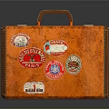 Vintage Orange Suitcase With Colorful Travel Stickers And Leather Handle