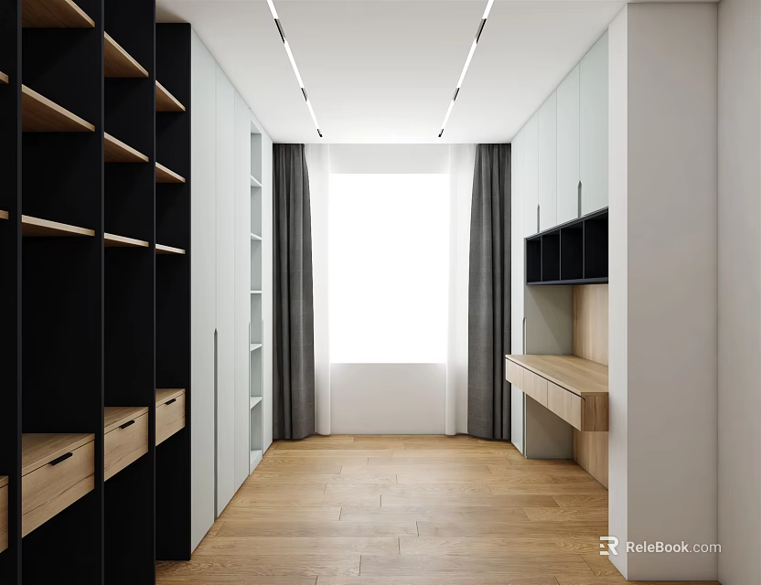 Modern Study Room Interior Design With Open Bookshelves Wooden Desk And Gray Curtains 3d model 
