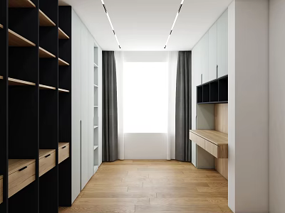 Modern Study Room Interior Design With Open Bookshelves Wooden Desk And Gray Curtains 3d model
