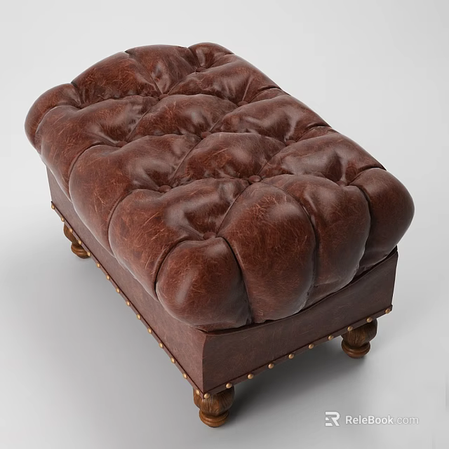 Brown Leather Tufted Double Sofa With Wooden Legs And Brass Rivets 3d model 