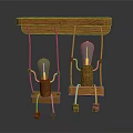Wooden Swing Shaped Chandelier with Humanoid Light Bulb Figures Hanging on Dark Background