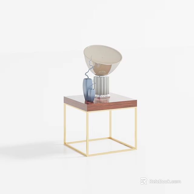 Side Table with Wooden Tabletop and Golden Frame Featuring Light Colored Lampshade and Blue Decoration 3d model 