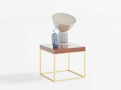 Side Table with Wooden Tabletop and Golden Frame Featuring Light Colored Lampshade and Blue Decoration 3d model