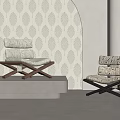 Modern Leisure Chairs With Wooden Frame And Patterned Upholstery In Leaf Pattern Wallpaper Interior
