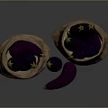 Purple Eggplants In Burlap Bags With Some Scattered Around On Dark Background