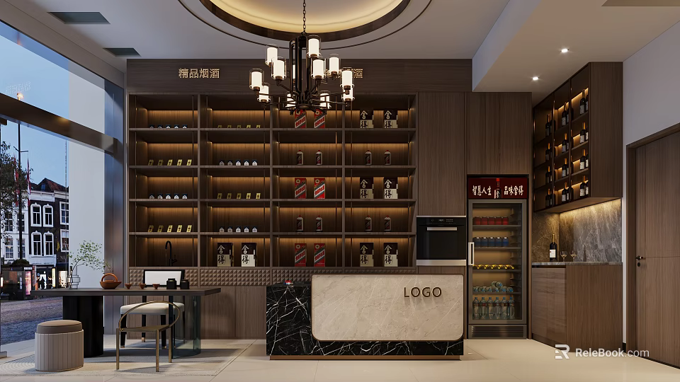 Liquor Store Interior With Chandelier Display Shelves Marble Counter And Logo Signage 3d model 