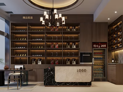 Liquor Store Interior With Chandelier Display Shelves Marble Counter And Logo Signage 3d model