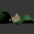 Cartoon Scene Featuring Small Building Structure Green Hills Steps And Decorative Columns
