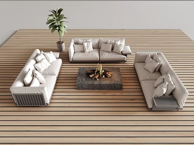 Modern Light Colored Sofa Coffee Table Set With Wooden Floor And Potted Plant 3d model