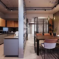 Modern Living And Dining Area Interior With Sofa Coffee Table TV Unit And Wine Rack